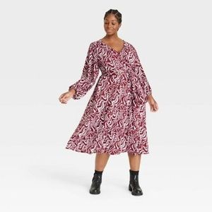 Ava & Viv NWT Women's Burgundy Swirl Balloon Long Sleeve Midi Belted Dress 4X
